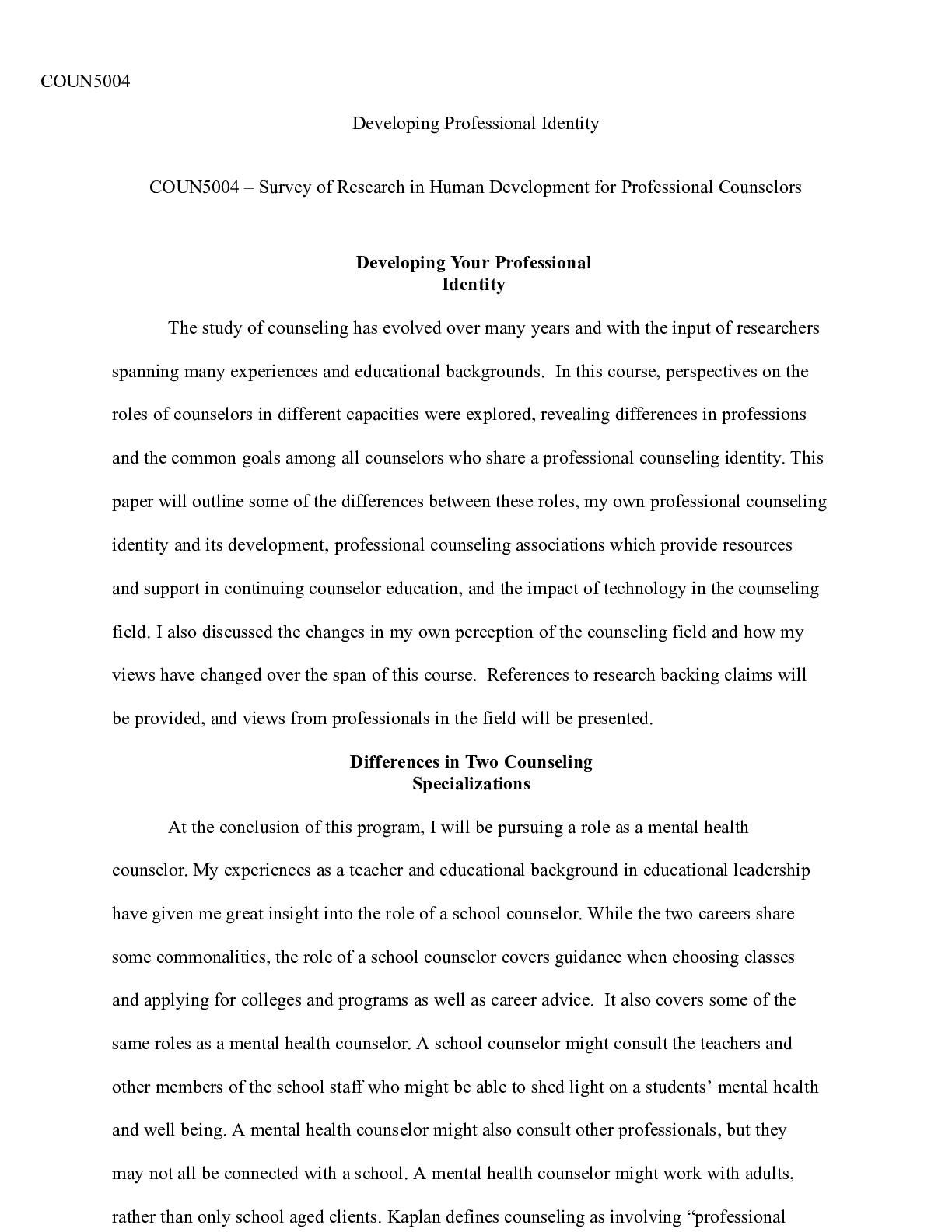 Preview image of U10A1 DevelopingProfessionalIdentity.docx  COUN5004  Developing Professional Identity  COU document